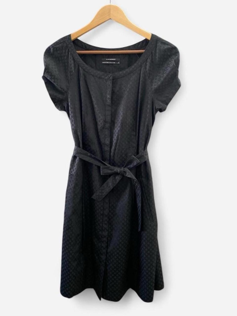 Club Monaco Black Short-Sleeve Belted Fit & Flare Dress